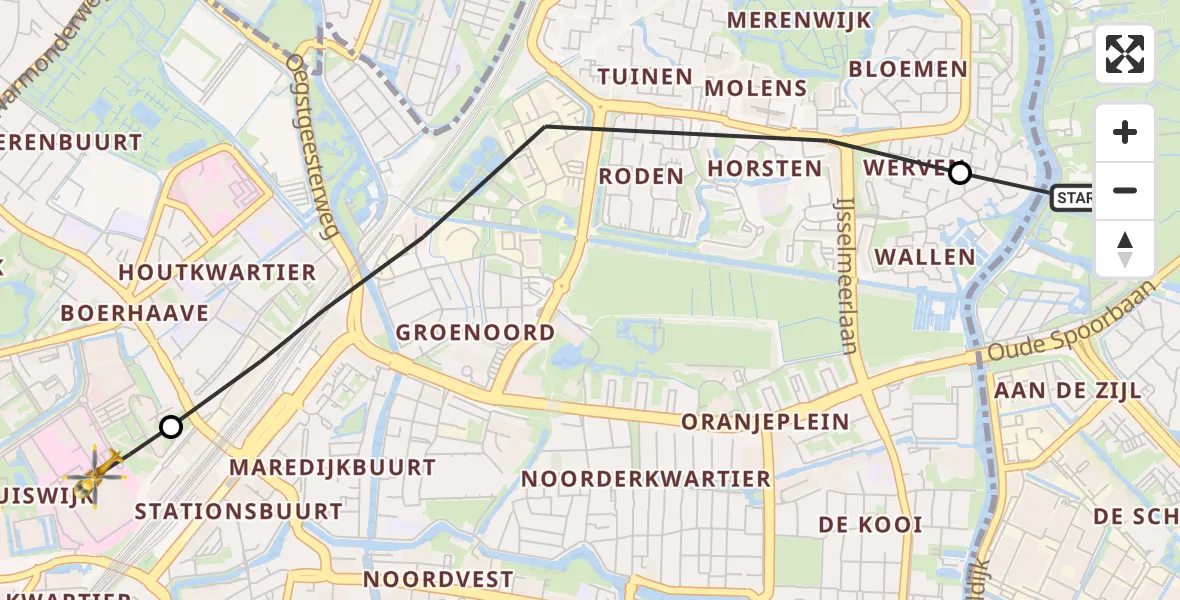 Vluchtroute Traumahelikopter van Leiderdorp naar Leiden University Medical Center Heliport