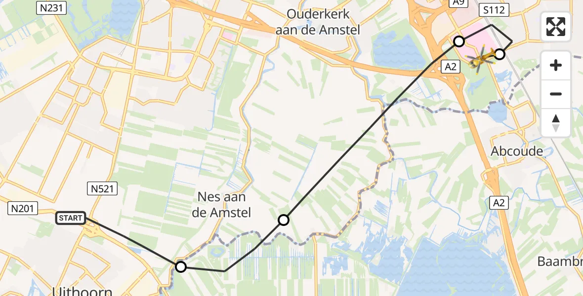 Vluchtroute Traumahelikopter van Amstelveen naar Amsterdam UMC Helipad