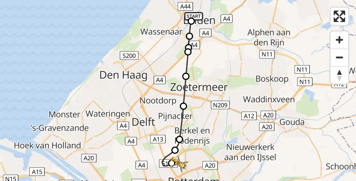Vluchtroute Traumahelikopter van Leiden University Medical Center Heliport naar Rotterdam The Hague Airport