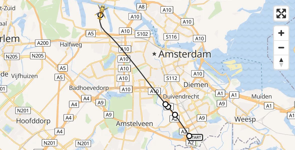 Vluchtroute Traumahelikopter van Amsterdam UMC Helipad naar Amsterdam Heliport