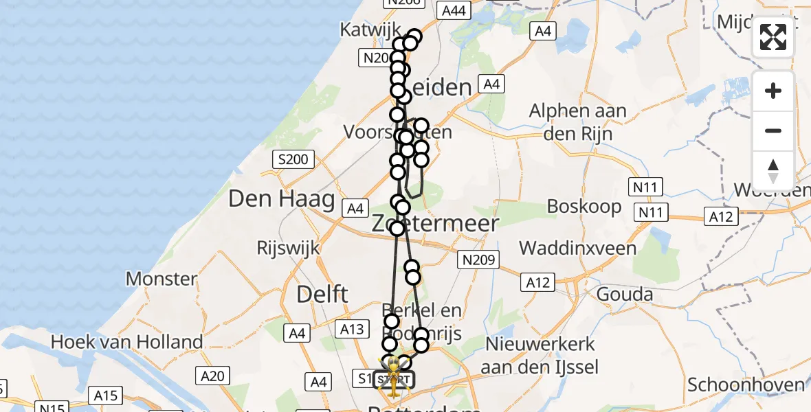 Vluchtroute Traumahelikopter van Rotterdam The Hague Airport naar Rotterdam The Hague Airport