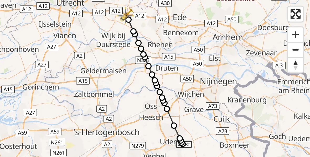 Vluchtroute Traumahelikopter van Vliegbasis Volkel naar Maarsbergen
