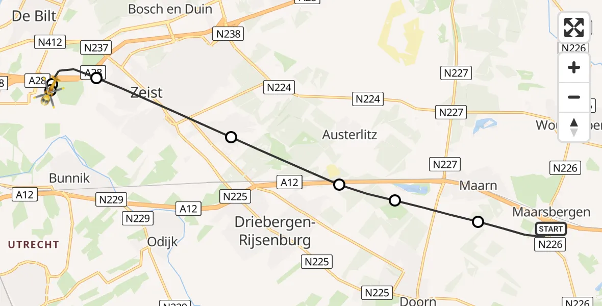 Vluchtroute Traumahelikopter van Maarsbergen naar University Medical Center Utrecht Heliport