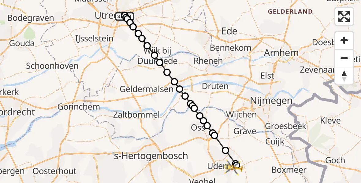 Vluchtroute Traumahelikopter van University Medical Center Utrecht Heliport naar Vliegbasis Volkel
