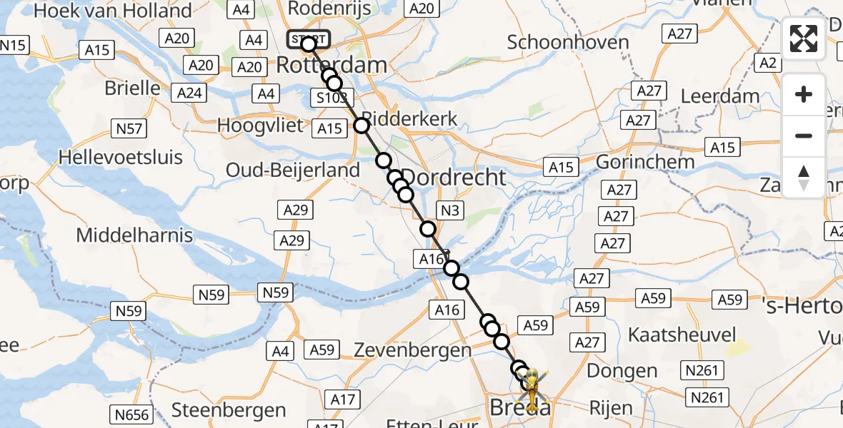Vluchtroute Traumahelikopter van Rotterdam The Hague Airport naar Breda