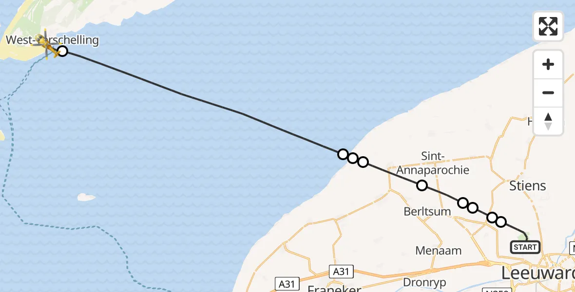 Vluchtroute Ambulancehelikopter van Vliegbasis Leeuwarden naar West-Terschelling
