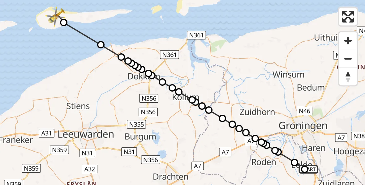 Vluchtroute Traumahelikopter van Groningen Airport Eelde naar Ballum