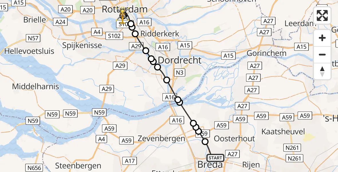 Vluchtroute Traumahelikopter van Breda naar Leids Universitair Medisch Centrum (LUMC)