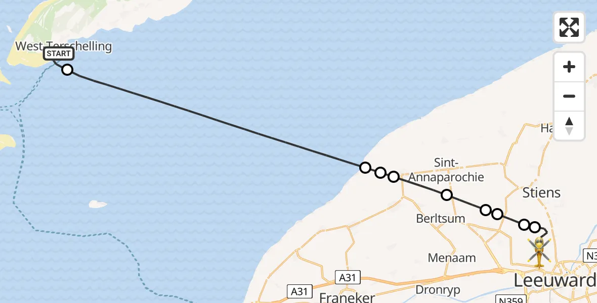 Vluchtroute Ambulancehelikopter van West-Terschelling naar Vliegbasis Leeuwarden