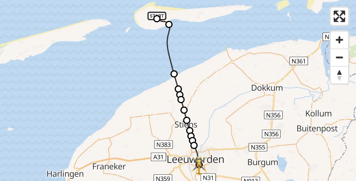 Vluchtroute Traumahelikopter van Ameland Vliegveld Ballum naar Leeuwarden Medical Center Heliport