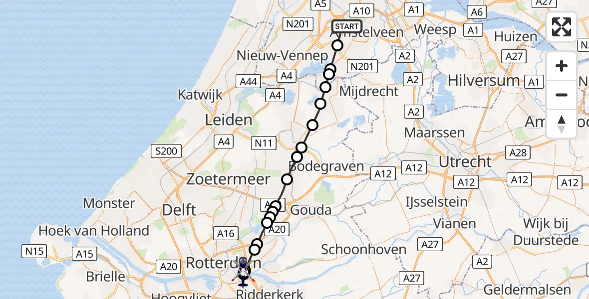 Vluchtroute Politiehelikopter van Amsterdam Vliegveld Schiphol naar Van Ghent Barracks Heliport