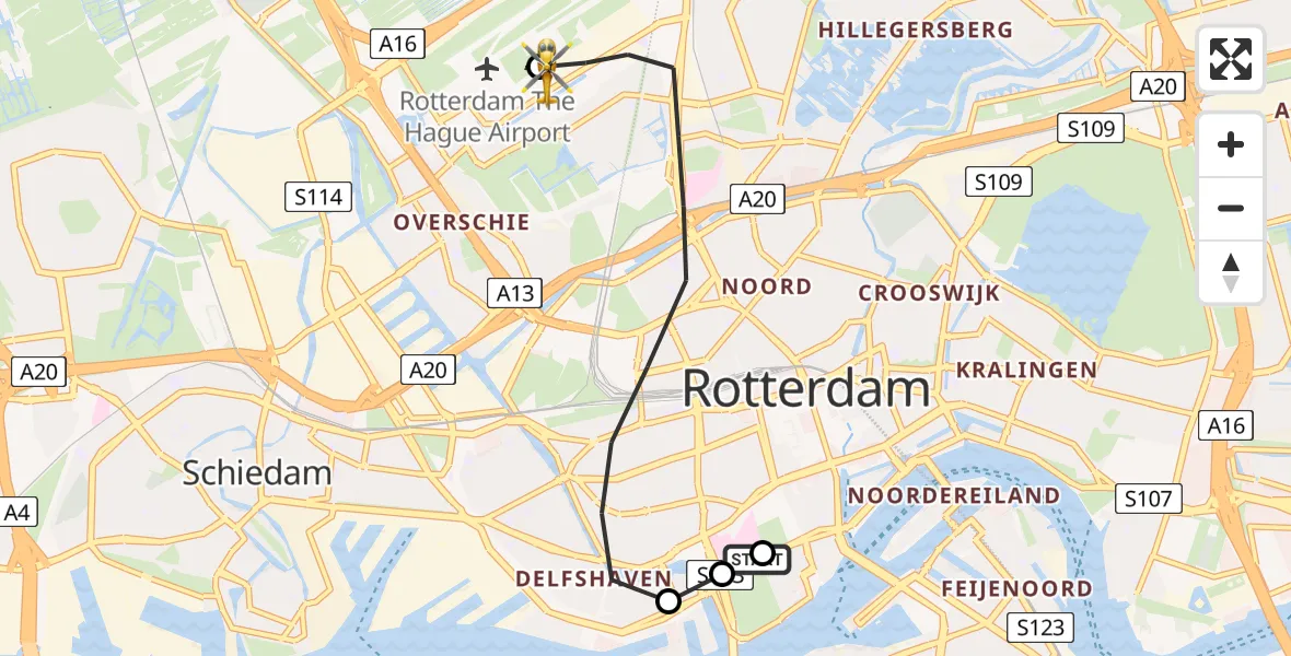 Vluchtroute Traumahelikopter van Leids Universitair Medisch Centrum (LUMC) naar Rotterdam The Hague Airport