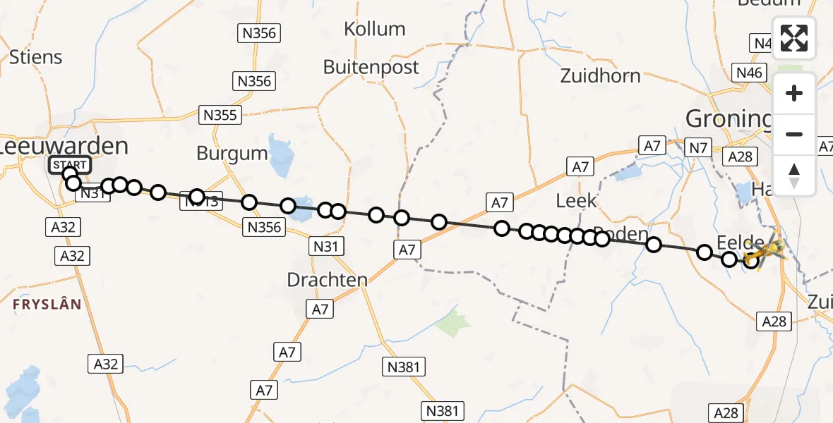 Vluchtroute Traumahelikopter van Leeuwarden Medical Center Heliport naar Groningen Airport Eelde