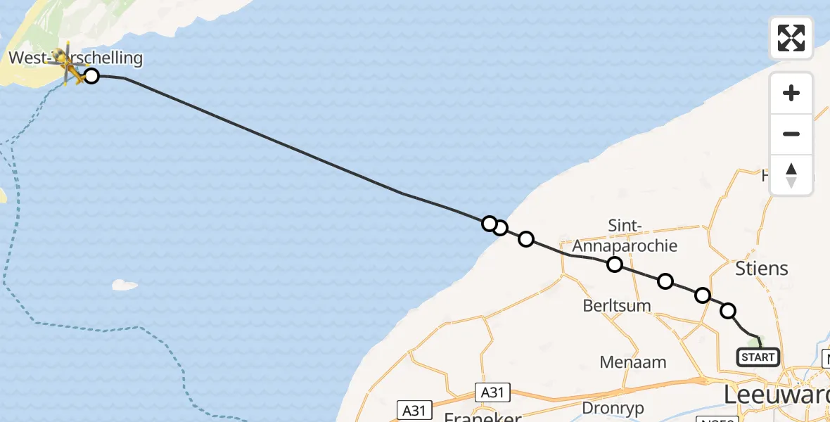 Vluchtroute Ambulancehelikopter van Vliegbasis Leeuwarden naar West-Terschelling