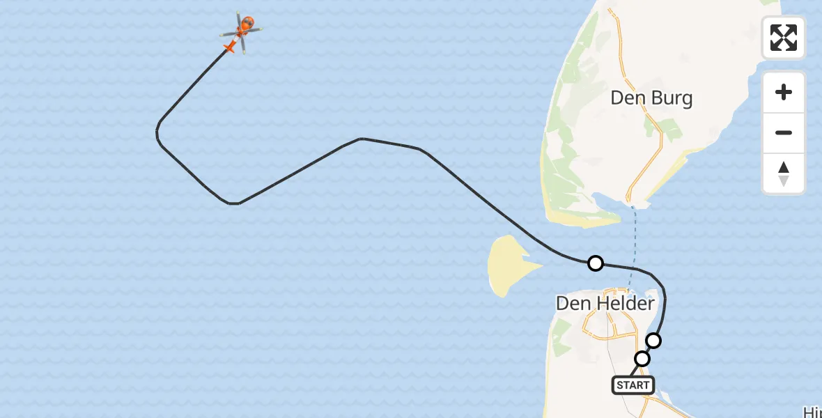 Vluchtroute Kustwachthelikopter van Militair vliegveld De Kooy / Den Helder Airport naar Noordzee