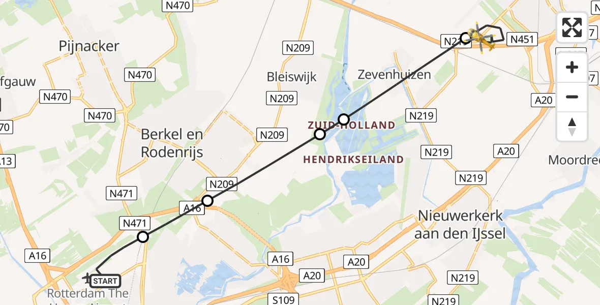 Vluchtroute Traumahelikopter van Rotterdam The Hague Airport naar Waddinxveen