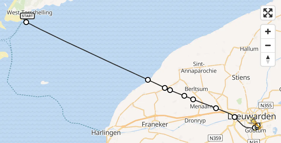 Vluchtroute Ambulancehelikopter van West-Terschelling naar Leeuwarden Medical Center Heliport