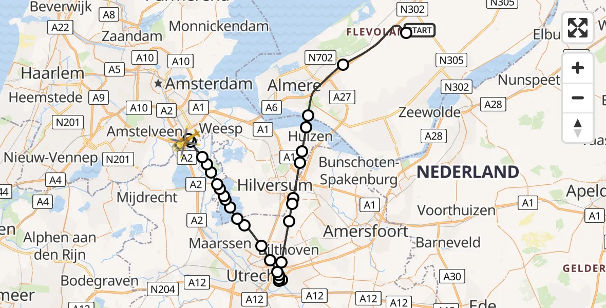 Vluchtroute Traumahelikopter van Lelystad Airport naar Amsterdam UMC Helipad