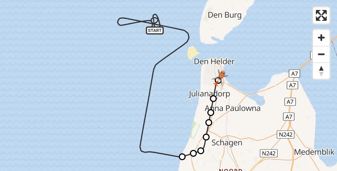 Vluchtroute Kustwachthelikopter van Noordzee naar Militair vliegveld De Kooy / Den Helder Airport
