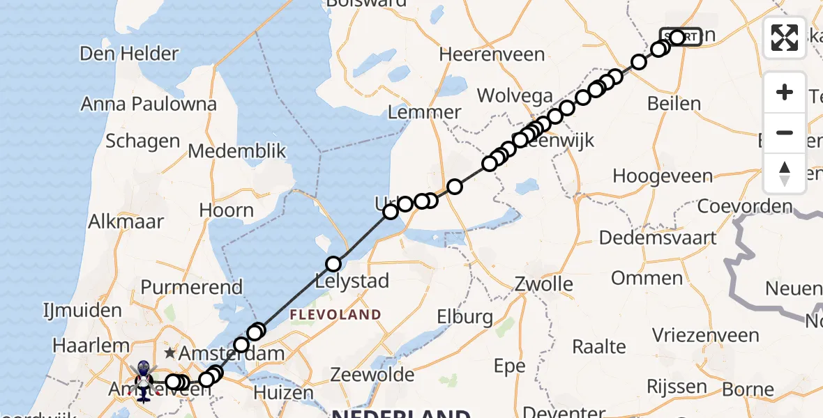 Vluchtroute Politiehelikopter van Johan Willem Frisokazerne Helipad naar Amsterdam Vliegveld Schiphol