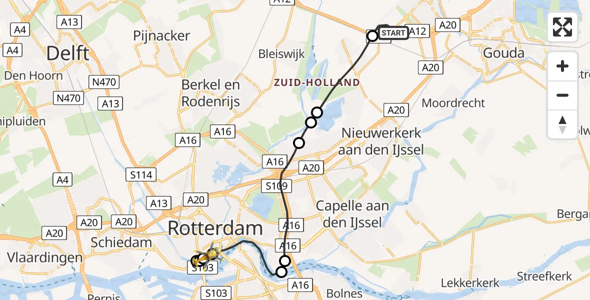 Vluchtroute Traumahelikopter van Waddinxveen naar Erasmus MC