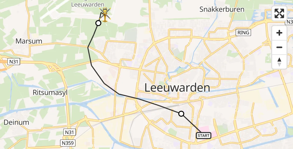 Vluchtroute Ambulancehelikopter van Leeuwarden Medical Center Heliport naar Vliegbasis Leeuwarden