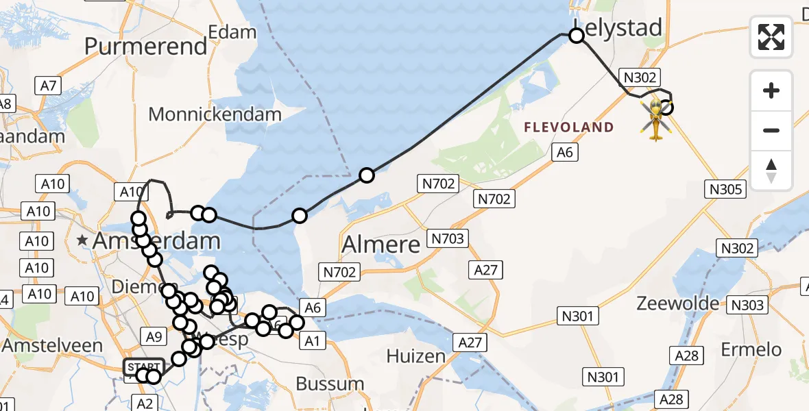 Vluchtroute Traumahelikopter van Amsterdam UMC Helipad naar Lelystad Airport