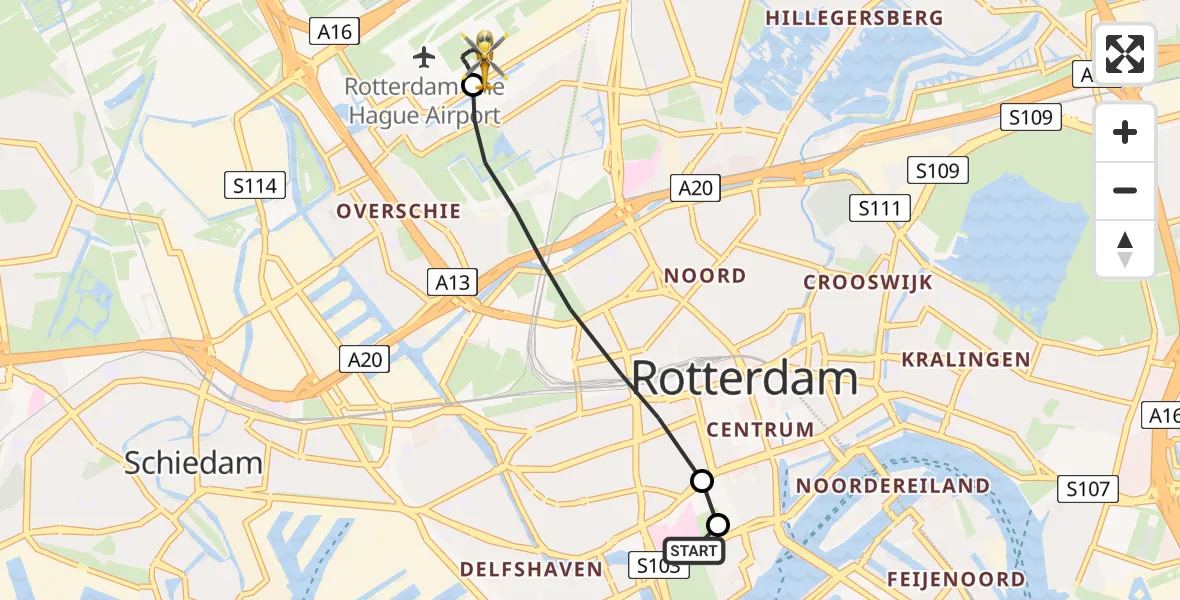 Vluchtroute Traumahelikopter van Erasmus MC naar Rotterdam The Hague Airport