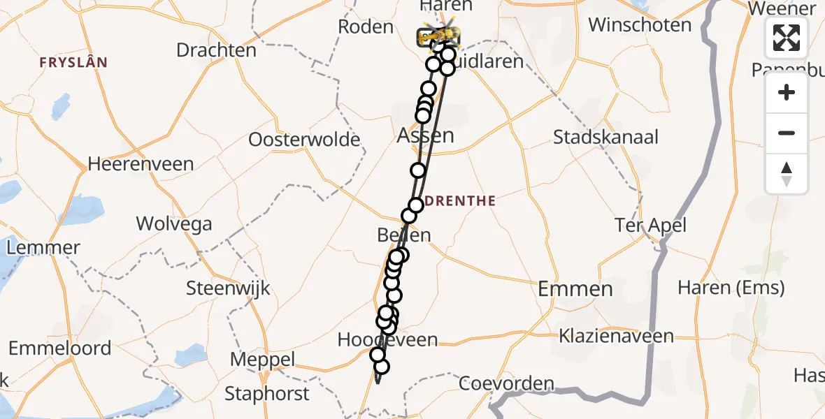 Vluchtroute Traumahelikopter van Groningen Airport Eelde naar Groningen Airport Eelde