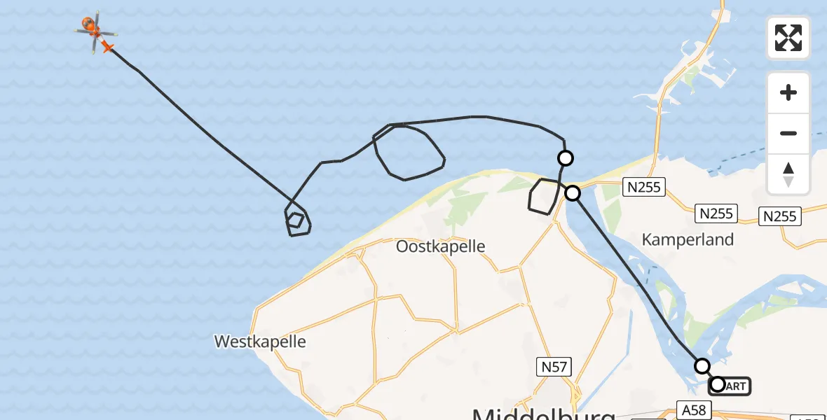 Vluchtroute Kustwachthelikopter van Vliegveld Midden-Zeeland naar Noordzee