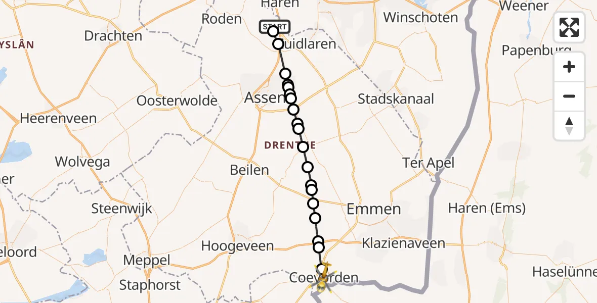 Vluchtroute Traumahelikopter van Groningen Airport Eelde naar Coevorden