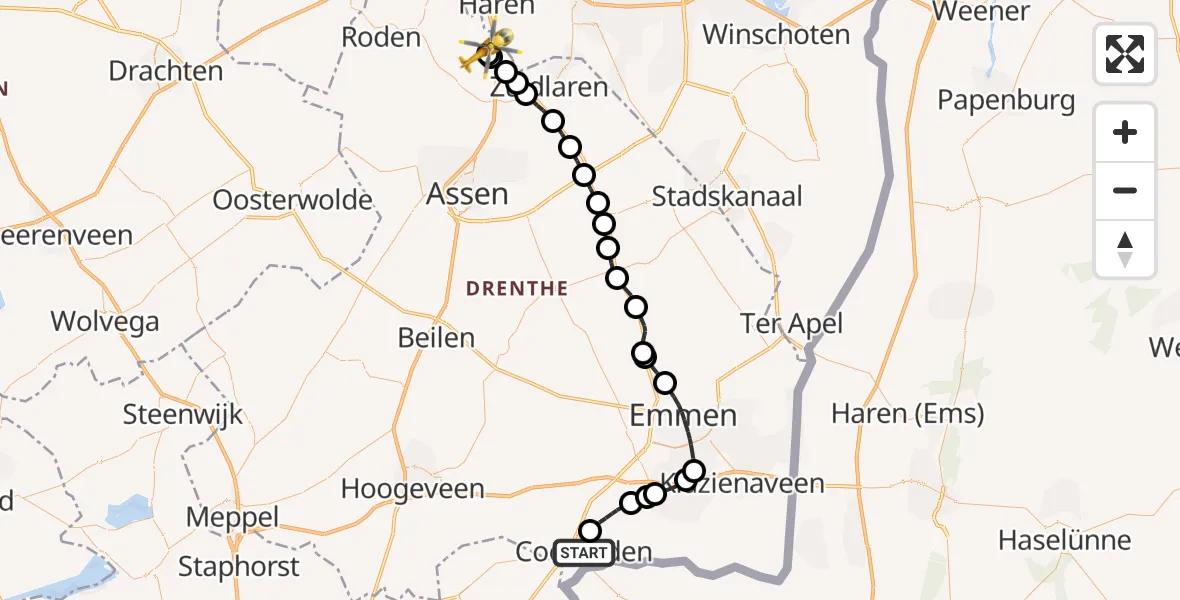 Vluchtroute Traumahelikopter van Coevorden naar Groningen Airport Eelde