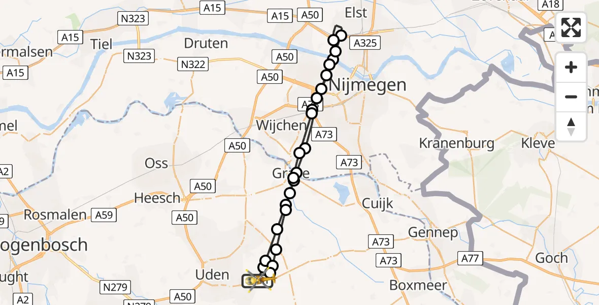 Vluchtroute Traumahelikopter van Vliegbasis Volkel naar Vliegbasis Volkel