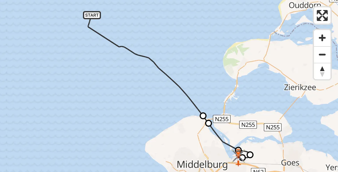 Vluchtroute Kustwachthelikopter van Noordzee naar Vliegveld Midden-Zeeland