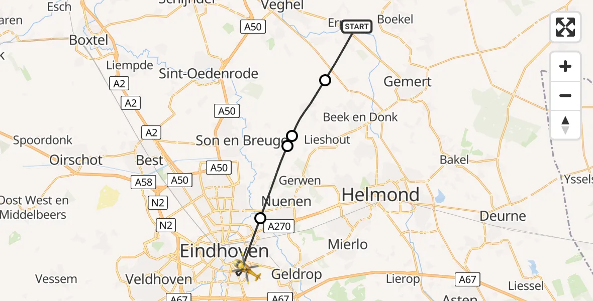 Vluchtroute Traumahelikopter van Erp naar Eindhoven