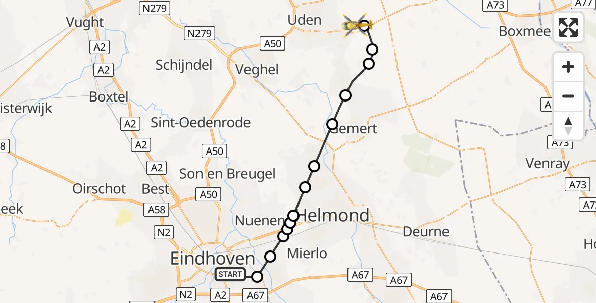 Vluchtroute Traumahelikopter van Eindhoven naar Vliegbasis Volkel