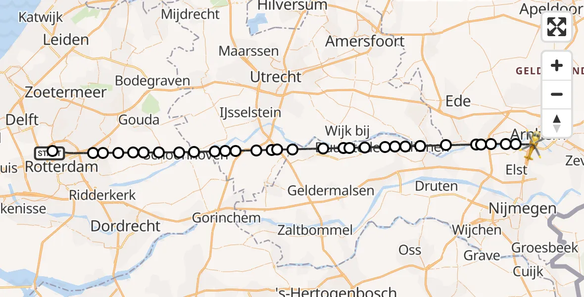 Vluchtroute Traumahelikopter van Rotterdam The Hague Airport naar Arnhem