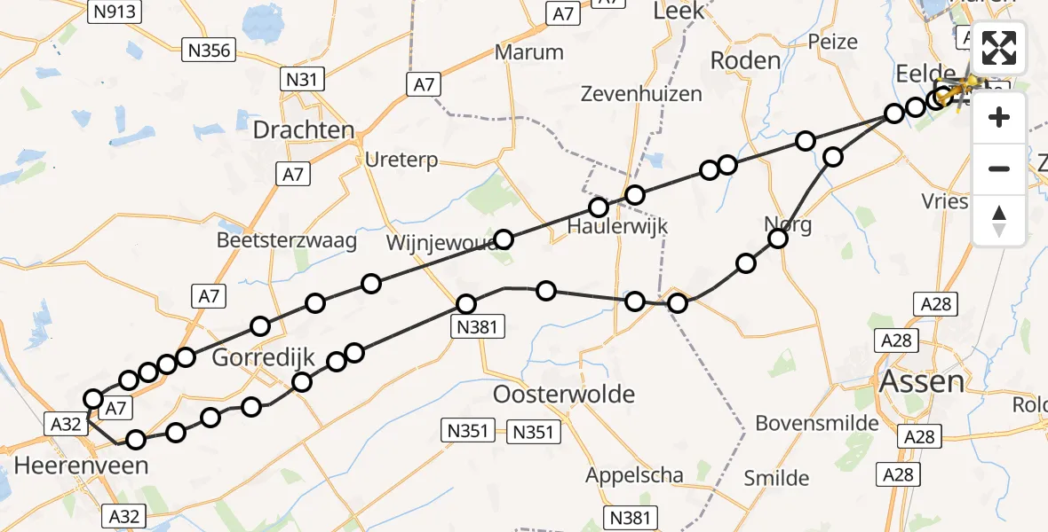 Vluchtroute Traumahelikopter van Groningen Airport Eelde naar Groningen Airport Eelde