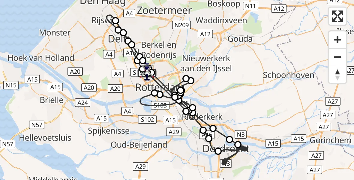 Vluchtroute Politiehelikopter van Rotterdam The Hague Airport naar Rotterdam The Hague Airport