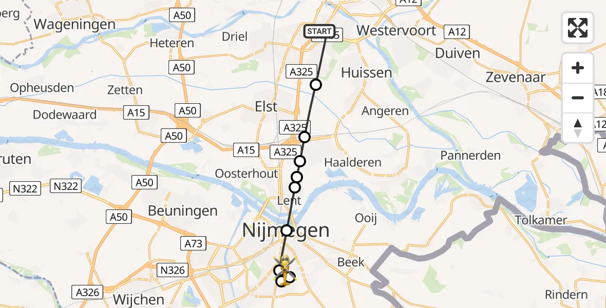 Vluchtroute Traumahelikopter van Arnhem naar Radboud University Medical Center Heliport