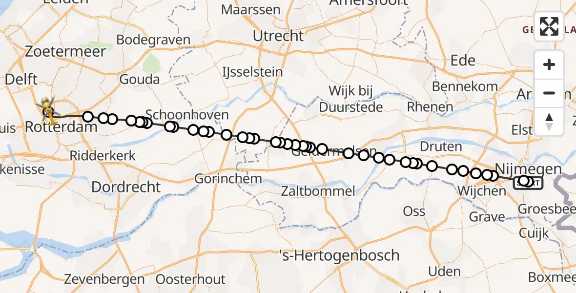 Vluchtroute Traumahelikopter van Radboud Universitair Medisch Centrum naar Rotterdam The Hague Airport