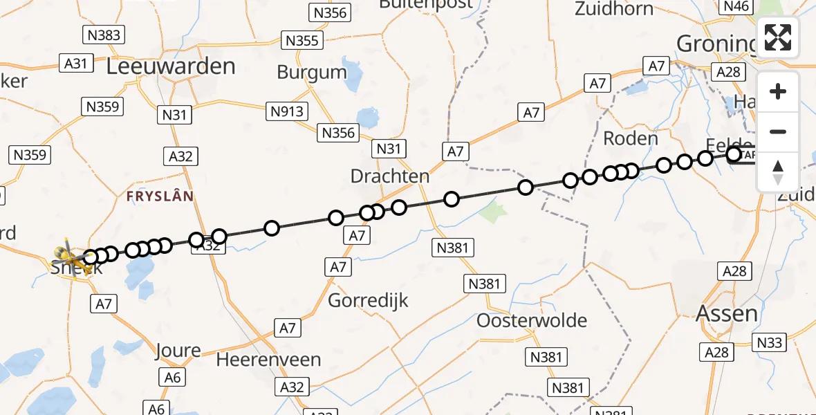 Vluchtroute Traumahelikopter van Groningen Airport Eelde naar Sneek