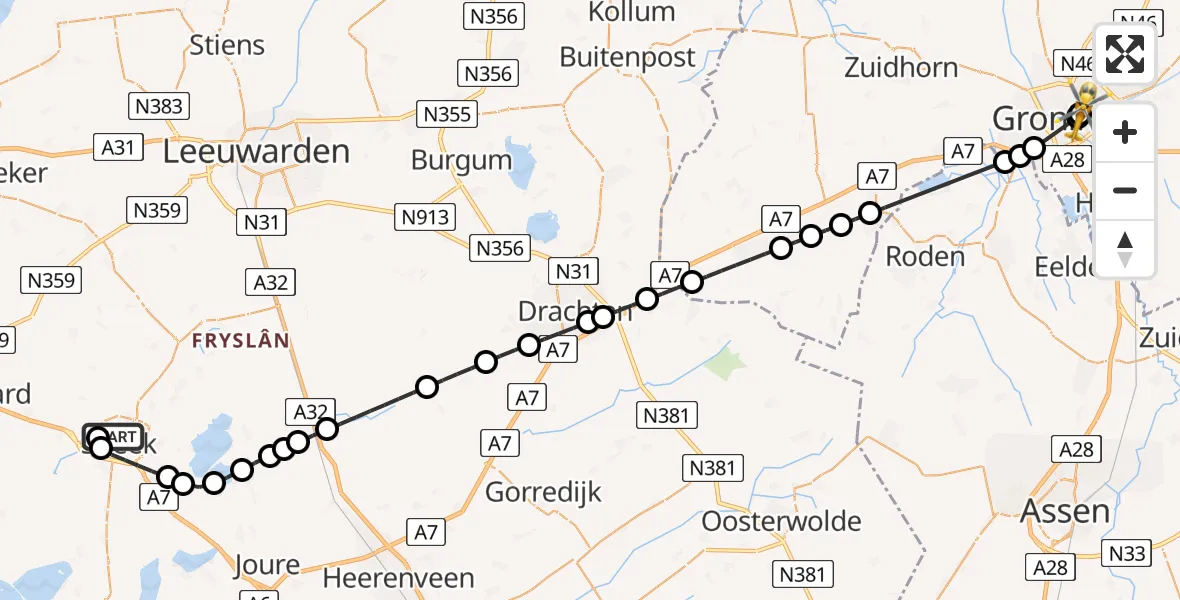 Vluchtroute Traumahelikopter van Sneek naar Universitair Medisch Centrum Groningen