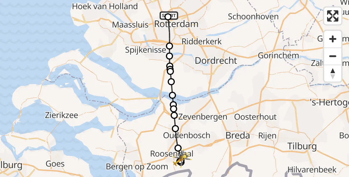 Vluchtroute Traumahelikopter van Rotterdam The Hague Airport naar Roosendaal