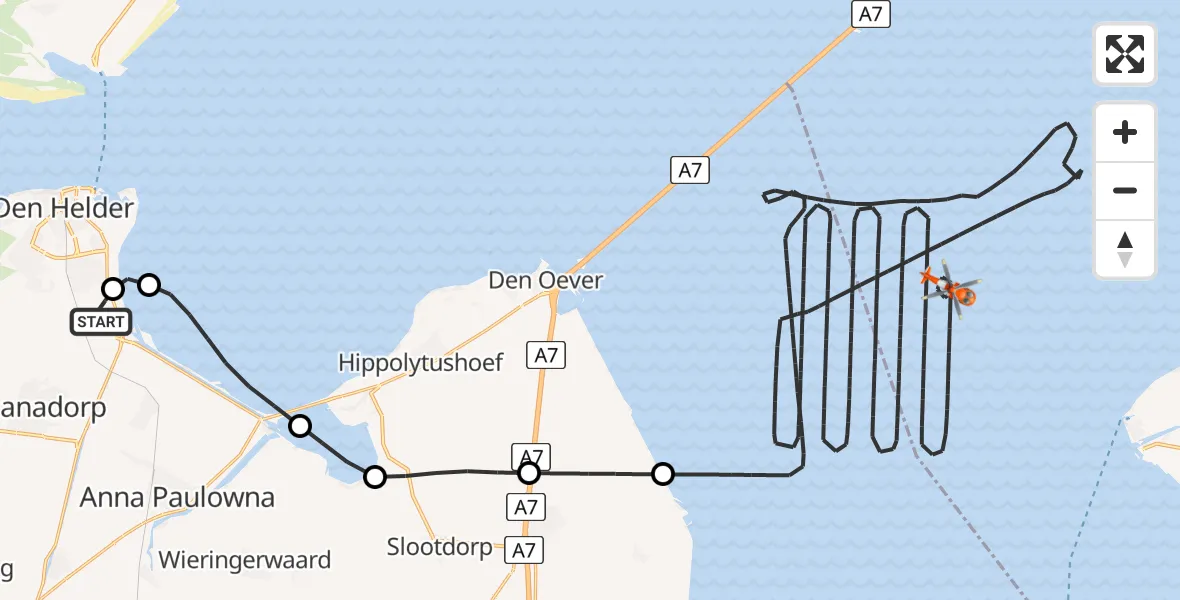 Vluchtroute Kustwachthelikopter van Militair vliegveld De Kooy / Den Helder Airport naar IJsselmeer
