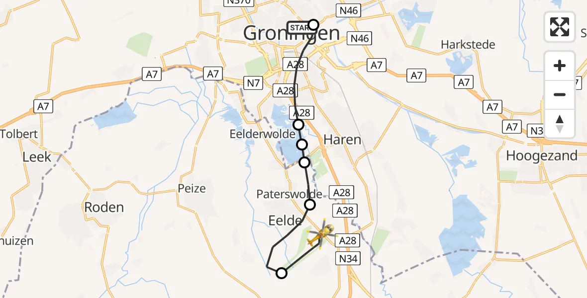 Vluchtroute Traumahelikopter van Universitair Medisch Centrum Groningen naar Groningen Airport Eelde