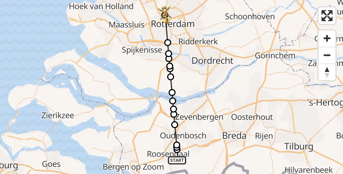 Vluchtroute Traumahelikopter van Roosendaal naar Rotterdam The Hague Airport