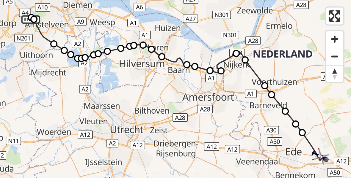 Vluchtroute Politiehelikopter van Amsterdam Vliegveld Schiphol naar Ede