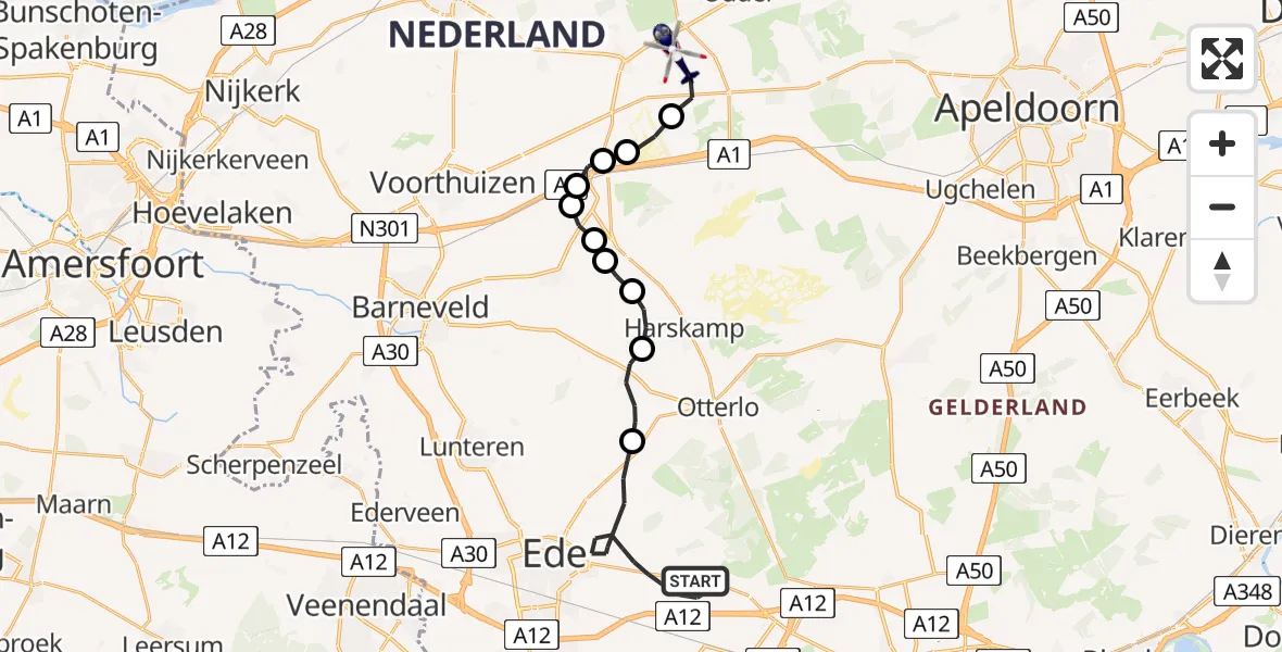 Vluchtroute Politiehelikopter van Ede naar Air Operations Control Station Nieuw Milligen Heliport