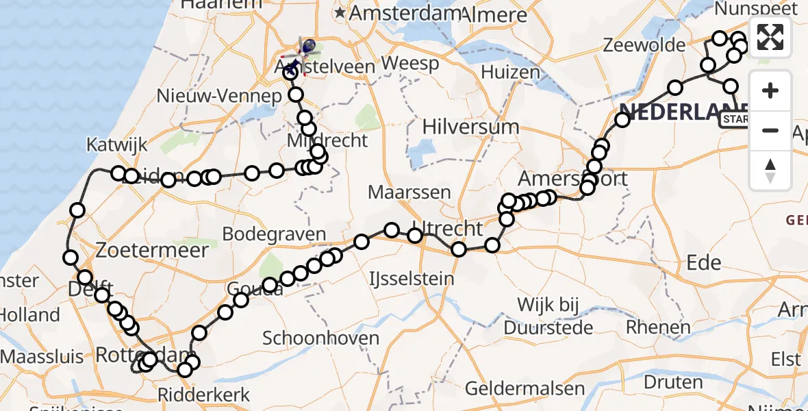 Vluchtroute Politiehelikopter van Air Operations Control Station Nieuw Milligen Heliport naar Amsterdam Vliegveld Schiphol